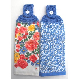 PIONEER BRILLIANT BLOOMS - 2 DOUBLE/FULL HANDMADE CROCHET TOP HANGING KITCHEN TOWEL - BLUE TOPPERS