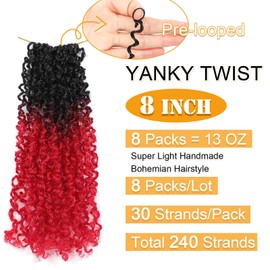 Aksice 8 Inch 8 Packs Yanky Twist Crochet Hair for Women Pre-looped Mini Twist Hair Bohemian Passion Twist Crochet Hair Boho Crochet Braids Synthetic (1B/red)