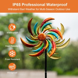 360° Wind Spinners Outdoor with Solar Lights Colored Leaves Garden Decor Yard Lawn Art Decor for Patio Kinetic Windmills 60.63'' H x 13.38'' Dia Unique Gifts for Friends and Family