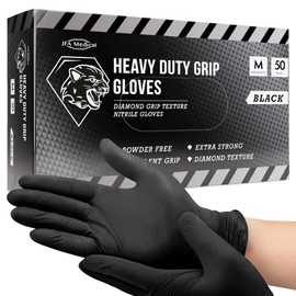 JFA Medical Medium Size Disposable Heavy Duty Mechanic Powder Free Latex Free Black Diamond Grip Nitrile Gloves - Box of 50