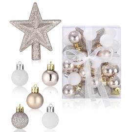 Pack of 30 Mini Christmas Baubles, 3 cm Plastic Christmas Tree Baubles, Mini Christmas Decoration Baubles, Gold & White, Table Christmas Tree Decoration Set, Christmas Baubles Set, for Christmas Tree