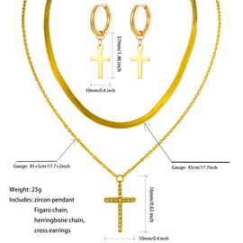 LOVOMEY18K Gold-Plated Christian Cross Necklace for women men cubic zircon Faith Pendant Necklace cross earrings Figaro Chain herringbone chain Religious Jewelry for Daily Wear Gift for Anniversaries Birthdays