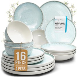 16 Piece Dinnerware Sets for 4 - Modern Style Stoneware Dinnerware Set - Scratch Resistant,Dishwasher,Microwave Safe Plates and Bowls Sets Ceramic,Dish Set, Bowl and Plate Set - Beige and Light Blue…
