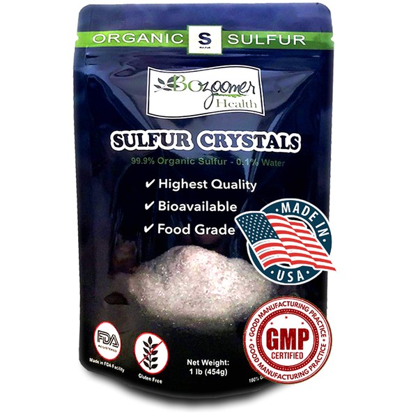 Bozoomer Organic Sulfur Crystals - 99% Pure MSM Crystals – Made in USA – 1 LB Food Grade Pack – 90 Day Supply - Revolutionary Formula Helps Joints