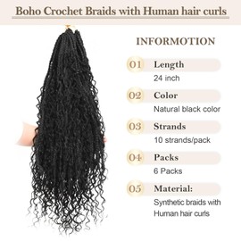 Originea Boho Crochet Braids with Human Hair Curls Handmade Pre-looped Goddess Box Braiding With Human Hair for Women 24 Inch 6 Packs 60 Strands Natural Black Color
