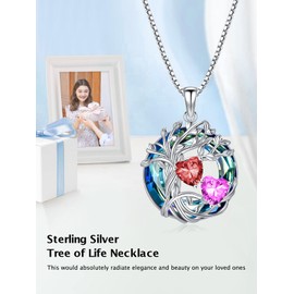 TOUPOP s925 Sterling Silver Family Tree of Life Pendant Necklaces with 2 Heart Birthstone with Crystal Jewellery Birthday Christmas Gifts for Women Her, Sterling Silver, Cubic Zirconia