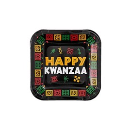 Fun Express Kwanzaa Symbols Square Paper Dessert Plates - Happy Kwanzaa Day Party Supplies Disposable Tableware - Stylish Paper Finish Party Supplies - Kwanzaa Party Tableware - 8 Pieces