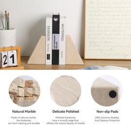 Marble Bookends for Heavy Books, Decorative Book Ends for Shelves, Durable and Heavy-Duty Stone Bookends for Hardback Book & CDS, Unique Book Stopper & Holder, New Jura Beige-Vein, Set of 2