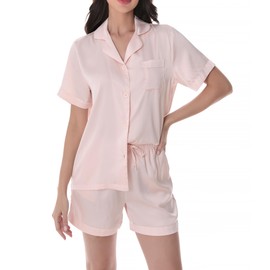 DAVID ARCHY Satin Pajama Set for Women 2 Piece Soft Summer Sleepwear Short Sleeve Button Down Top Shorts Silky Lightweight Pj (M, Pink Champagne)