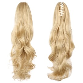 Ponytail Extension,Hair Extension Ponytail 22" Long Claw Hair Extension Synthetic Curly Wavy Hairpieces Ponytail Clip in Ponytail Wig Daily Fluffy Pony Tail for Women,4.8 OZ,Blonde