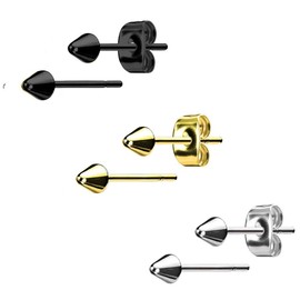 Forbidden Body Jewelry 316L Surgical Steel Spike Stud Earrings for Women or Men, Gold, Steel and Black (3mm)
