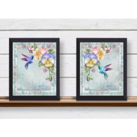 Set of 2 Hummingbirds and Flowers in Spring and Summer Scrapbook Style UNFRAMED