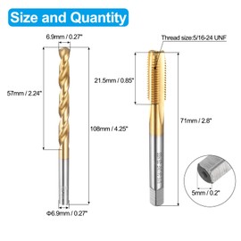 sourcing map Tap and Drill Bit Set, 1pcs 5/16-24 UNF Straight Flute Thread Screw Taps & 1pcs 6.9mm Twist Drill Bits, Titanium Coated HSS-6542 Tapping Threading Tool Kit