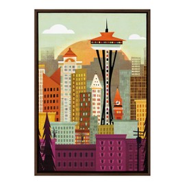 Kate and Laurel Sylvie Seattle Skyline Framed Canvas Wall Art by Amber Leaders, 23x33 Walnut, Beautiful City Skyline Wall Decor