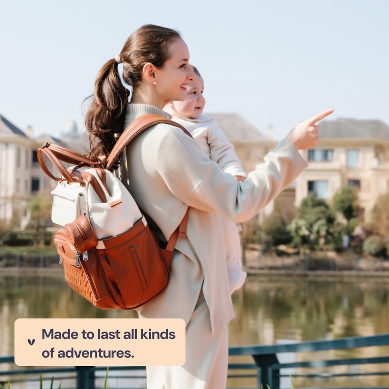 BabbleRoo Leather Diaper Bag Backpack, Multifunction Large Bags with Changing