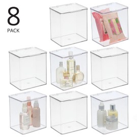 mDesign Plastic Bathroom Storage Organizer Box Container with Hinged Lid for Vanity Drawers/Countertop - Hold Lotions, Face Towels, Shampoo, Conditioner, Cotton Swabs, Soap, Accessories, 4 Pack, Clear