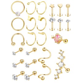 Kakonia Pack of 25 16-20G Stainless Steel Piercing Ear for Men and Women Cartilage Hoop Earrings CZ Heart Rook Labret Piercing Helix Tragus Conch Piercing Ring Stud Earrings, Stainless Steel