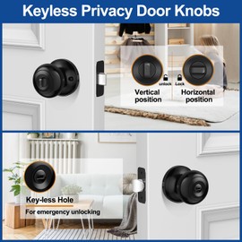 AEEKEL Privacy Door Knob, Matte Black Door Knobs Interior Keyless Locks Set(6 Pack), Bedroom Bathroom Door Knob with Lock, Reversible for Left/Right Door Handle