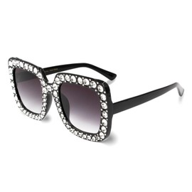 Extra Large Squared Elton Crystal Sunglasses Bling Rhinestone Concert Glasses (Black Square)