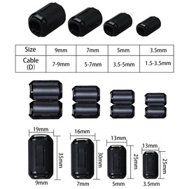 Pack of 40 Clip-on Ferrite Ring Cores, Ferrite Cores for Cables, RFI-EMI Noise Reducer, Cable Clip for Cables with 5 mm/7 mm/9 mm/13 mm Diameter (Black)