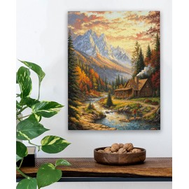 The Fishing Cabin Autumn Landscape Rustic Painting 28x36 Stretched Canvas - Cozy Log Mountain River Scene, Tranquil Fall Forest Artwork, Stream Art, Snow-Capped Peaks, Outdoor Wilderness Retreat Décor