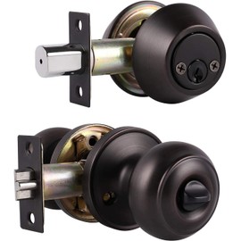 Brotima 1 Pack Keyed Alike Door Knob with Double Cylinder Deadbolt Lock Set, Oil Rubbed Bronze Door Lock Sets Exterior, Round Style Door Knob Deadbolt Combination Set