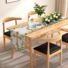 Pudodo Baptism Table Runner God Blessed First Communion Christian Cross Baby Shower Party Kitchen Dining Home Decoration (13" x 108", Green)