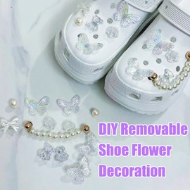 Pack of 25 Shoe Charms, Shiny Shoe Pendants, PVC Badges, Purple/White Butterfly, Pearls, Bear, Flower Shoe Jewellery, Glittering Shoe Jewellery for Girls, Women and Children