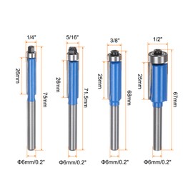sourcing map Flush Trim Router Bit 6mm Shank 1/4" 1/2" 5/16" 3/8" Dia Top Bearing Flush Straight Cut Trimming Router Bits Carbide for Particle Board Plywood MDF, Blue