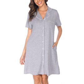 Vlazom Women Soft Nighties V-Neck Button Down Nightdress Classic Boyfriend Style Sleepshirt Relaxed Nightshirt Sleepwear Light Grey,XL