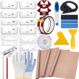 QUKLOGEN Sublimation Shirts Tool Kits 76 Pcs Shirt Measure Ruler Set Reusable Round Neck and V-Neck Alignment T-Shirt Guide Ruler Teflon Sheet for Heat Press 12 x 16in Heat Resistant Tape