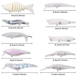 Unpainted Fishing Lure Kit, Hard Artificial Bait, Making Set with Empty Crankbait, Minnow Sinking Baits, Fishing Hooks, Split Rings, Laser Stickers, DIY Bait Making Tools (10 Pieces)