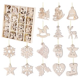 64-piece wooden Christmas tree decoration, 16 different motifs pendant set, wooden pendant for decoration of the Christmas tree, Christmas tree decorations