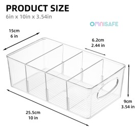 OMNISAFE 4-Section Divided Storage Plastic Bins, Clear Plastic Food Storage Organizer for Kitchen, Snacks, Spice Packets,Pouches, Stackable Tea Bag Storage Bin (3 Pack)