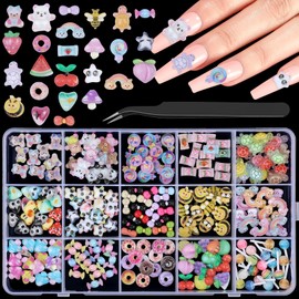 Sinyanail 3D Resin Nail Charms Mix Rabbit Flower Bear Bowknot Nail Charms Gummy Star Heart Lollipop Acrylic Hollow Heart Beads with Nail Charm Glue and Pickup Tools (10-Kit 4)