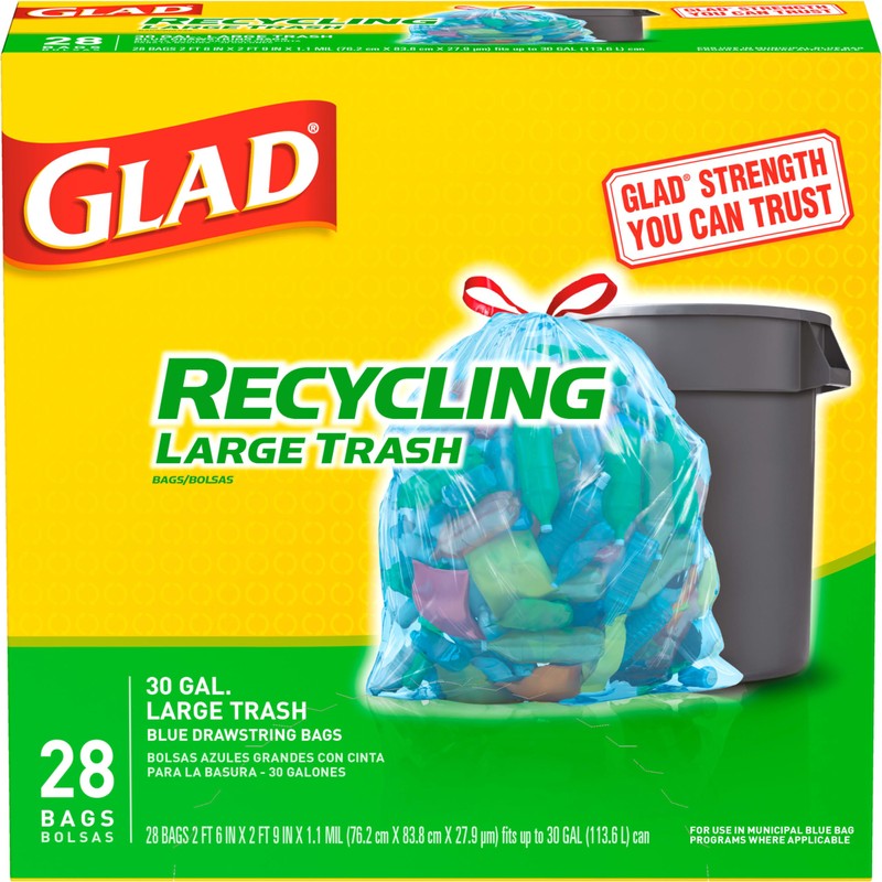 Glad Trash Bags, Large Drawstring Garbage Bags, 30 Gallon Blue