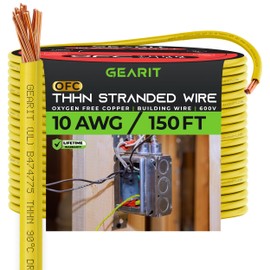 GEARit Stranded THHN Wire (10 Gauge, 150 Feet) 100% OFC Electrical Building Wire, Rated for Up to 600 Volts, Single Conductor, Nylon Jacket, UL Listed/RoHs Compliant - Yellow, 150ft