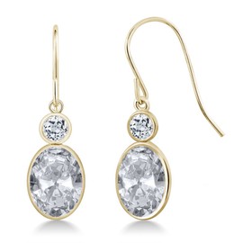 Gem Stone King 14K Yellow Gold White Topaz Hook French Fish Ear Wire Dangle Earrings For Women (3.48 Cttw, Gemstone November Birthstone, Oval 8X6MM, Round 3MM)