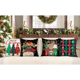 4TH Emotion Christmas Pillow Covers 18x18 Set of 4, Farmhouse Xmas Decorations Snowman Mason Jar Joy Merry Christmas Trees Winter Holiday Decor Throw Cushion Case for Home Couch S24C33