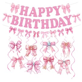 Pink Bow Birthday Party Decorations,Pink Bow Birthday Banner Pink Bow Party Hanging Swirls Decorations Set for Girls Bow Birthday Decorations,Pink Party Decor,Bridal Shower Party Decorations