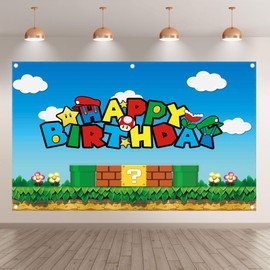 Yriujul 96x60inch Fabric Birthday Video Game Backdrop Super Adventure Photography Background Cartoon Gold Coin Party Decorations Photo Banner Props