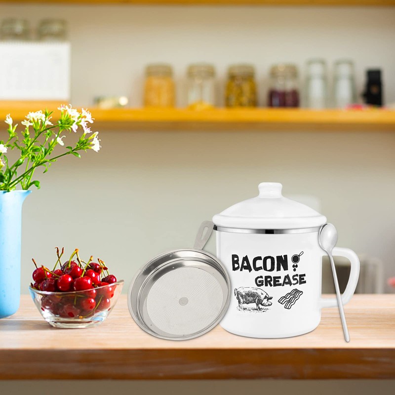 1.5L Bacon Grease Container with Strainer, 46oz Large Enamel Rustic