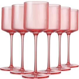 Vintacicle Pink Square Wine Glasses Set of 6, Elegant Ribbed Design Colored Crystal Glassware with Long Stem, 11.5oz Hand Blown Stemware For Red & White Wine Home Bar Party
