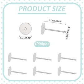 CRAFTYMELODY 1000Pcs Stainless Steel Earrings Posts Flat Pad Earring Post Blank Earring Studs Flat Round Ear Studs DIY Jewelry Findings for Stud Earrings Jewelry Making 12x6mm, Pin: 0.7mm