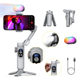 AOCHUAN iPhoe Gimbal, 3-Axis Gimbal Stabilizer for Smartphone w/RGB Magnetic Fill Light Portable Gimbal with Fous/Zoom Wheel for Vlog, Compatible with iPhoe 15 Pro Max/Android-Smart X Pro Kit Gray