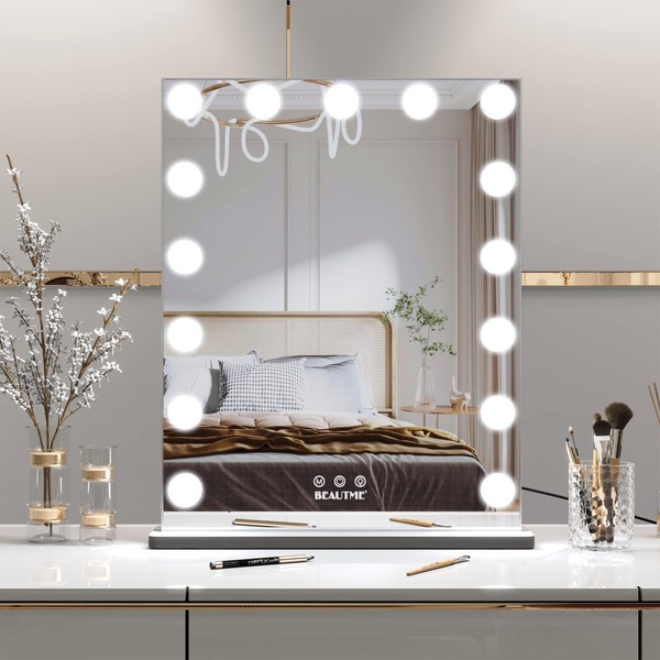 BEAUTME Hollywood Makeup Vanity Mirror with Lights,Bedroom Lighted Standing Tabletop Mirror,LED Cosmetic Beauty Tabletop Mirror with 15 Dimmable Bulbs, Wall Mounted Lighting Mirror Silver