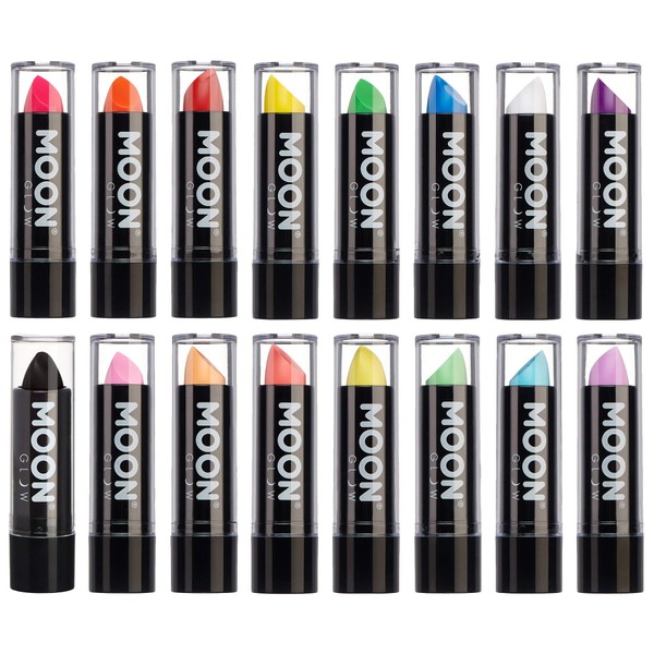 Moon Glow - Blacklight Neon UV Lipstick 0.16oz Set of 16 colours (Pastel & Intense) – Glows brightly under Blacklights/UV Lighting!