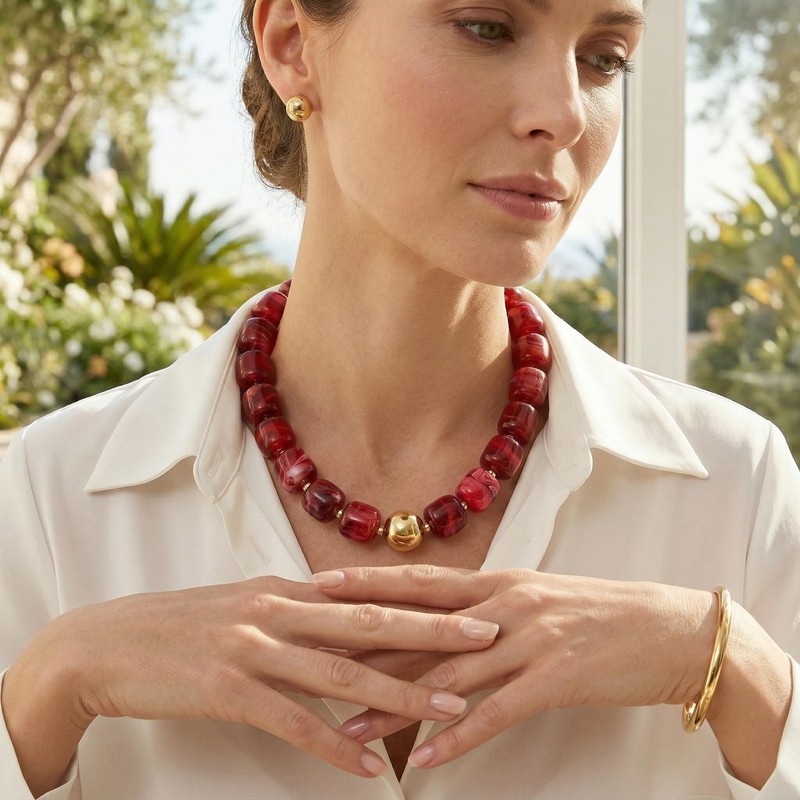 BREPINE Deep Red Chunky Necklaces for Women Multicolored Large Square
