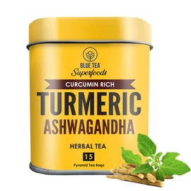 BLUE TEA - Turmeric Ashwagandha Herbal Tea - 15 Plant Based Tea Bags || AYURVEDIC BLEND || Immunity Booster - Natural Ingredients- Caffeine Free- Non-GMO - Vegan - Gluten Free | Reusable Tin Pack