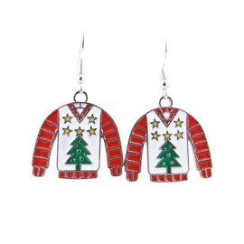 Tacky Red and White Ugly Christmas Sweater Metal Earrings with Tree and Sterling Silver Ear Wires